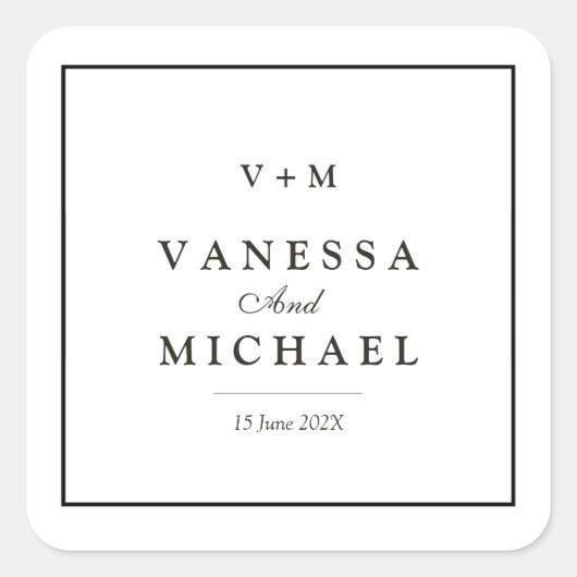Zwarte grens eenvoudige unieke bruiloft vierkante sticker (Voorkant)