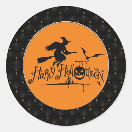 Zwarte grens Happy Halloween-heks en vleermuizen Ronde Sticker (Voorkant)