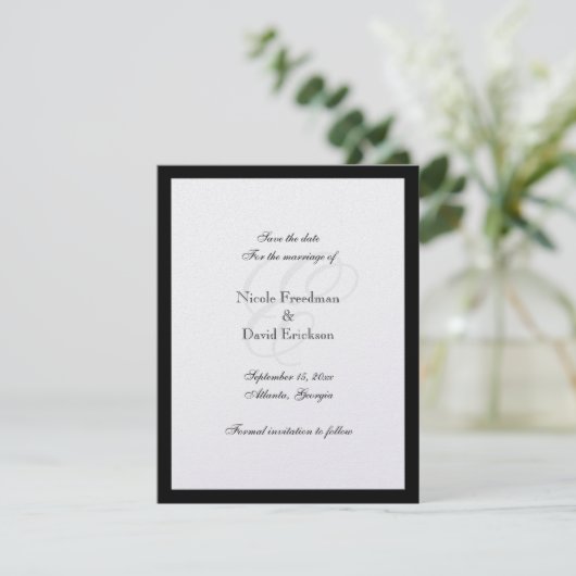 Zwarte-grens-monogram bruiloft save the date (Staand voorkant)