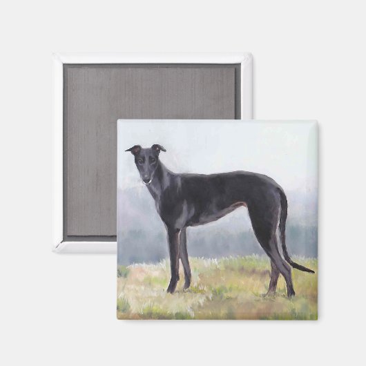 Zwarte Greyhound Staande Hond Art Magnet (Voorkant / Achterkant)
