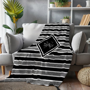 Zwarte Grijze Glitter Strepen Monogram Naam Fleece Deken