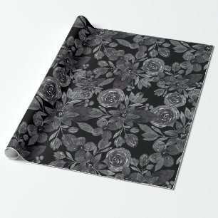 Zwarte Grijze Monochrome Waterverf Floral Leaves Cadeaupapier