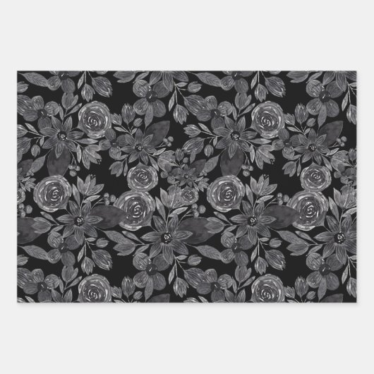 Zwarte Grijze Monochrome Waterverf Floral Leaves Inpakpapier Vel (Voorkant 2)