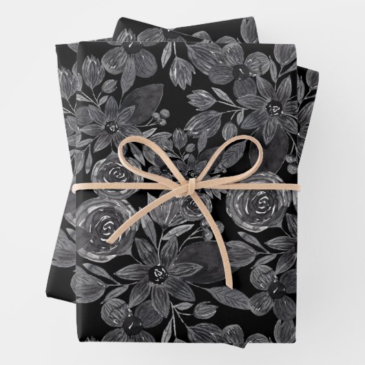 Zwarte Grijze Monochrome Waterverf Floral Leaves Inpakpapier Vel (In situ)