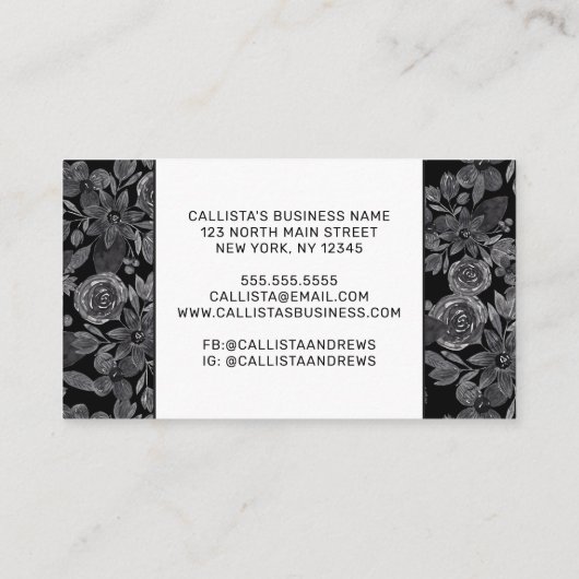 Zwarte Grijze Monochrome Waterverf Floral Leaves Klantenkaartje (Achterkant)