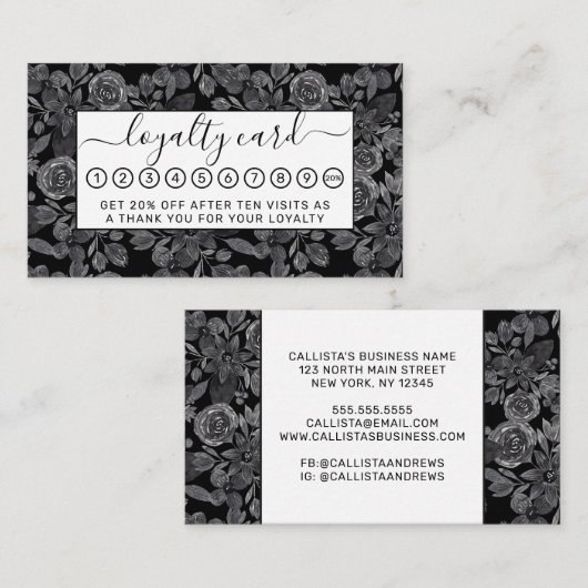 Zwarte Grijze Monochrome Waterverf Floral Leaves Klantenkaartje (Voorkant / Achterkant)