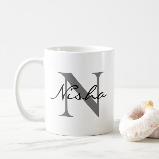 Zwarte grijze monogram koffiemok (Met donut)