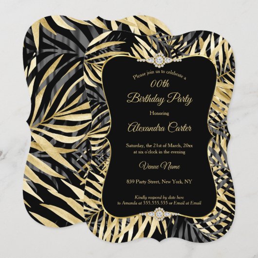 Zwarte Grijze Palms Diamond Birthday Party Kaart (Voorkant / Achterkant)