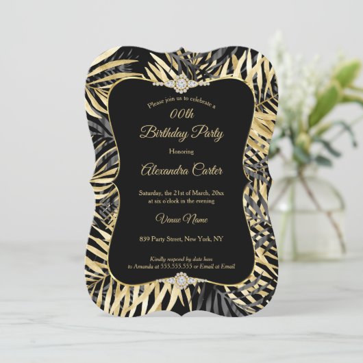 Zwarte Grijze Palms Diamond Birthday Party Kaart (Staand voorkant)