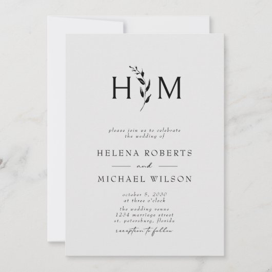 Zwarte grijze QR-code RSVP Botanische monogram bru Kaart (Voorkant)