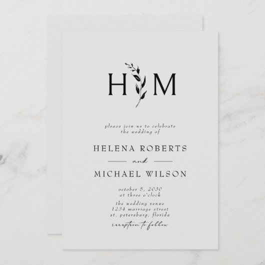 Zwarte grijze QR-code RSVP Botanische monogram bru Kaart (Voorkant / Achterkant)