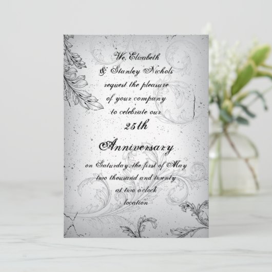 Zwarte grijze rol 25e zilveren huwelijksjubileum kaart (Staand voorkant)
