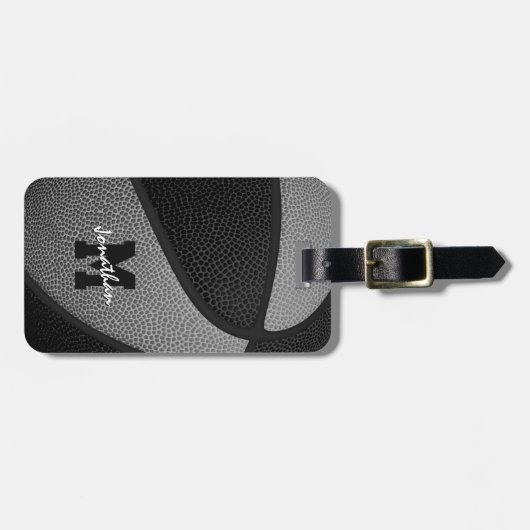 zwarte grijze teamkleuren monogrammen basketbal bagagelabel (Voorkant horizontaal)