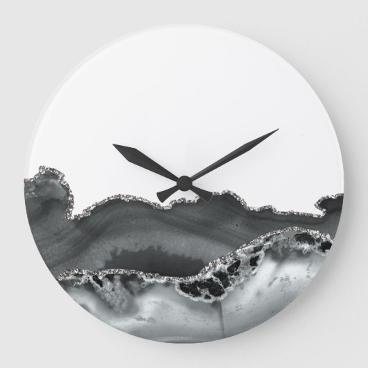 Zwarte grijze zilver metallisch Agate Stone Grote Klok (Voorkant)