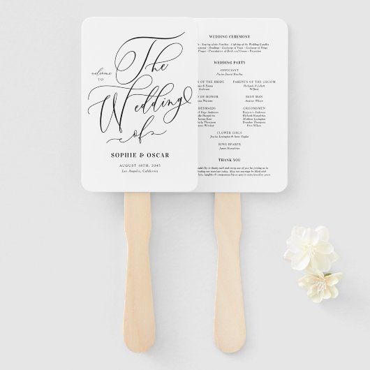Zwarte grillige kalligrafie huwelijksprogramma's handwaaier (Voorkant en achterkant)