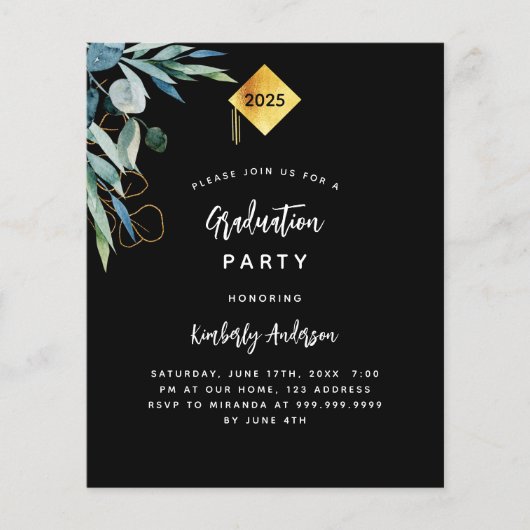 Zwarte groenbudget afstudeerfeest uitnodiging flyer (Voorkant)