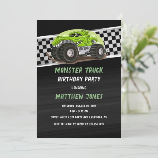Zwarte Groene Gator Monster Truck Verjaardagsfeest Kaart (Staand voorkant)