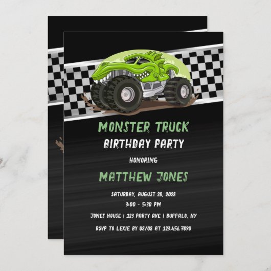 Zwarte Groene Gator Monster Truck Verjaardagsfeest Kaart (Voorkant / Achterkant)