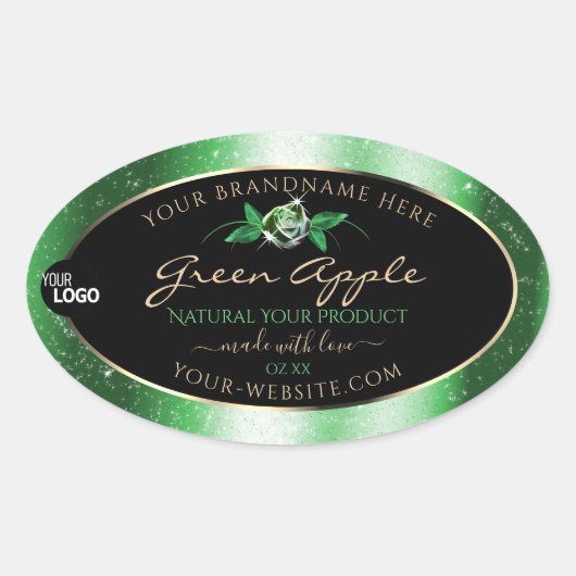 Zwarte Groene Glitter Floral Product Labels toevoe (Voorkant)