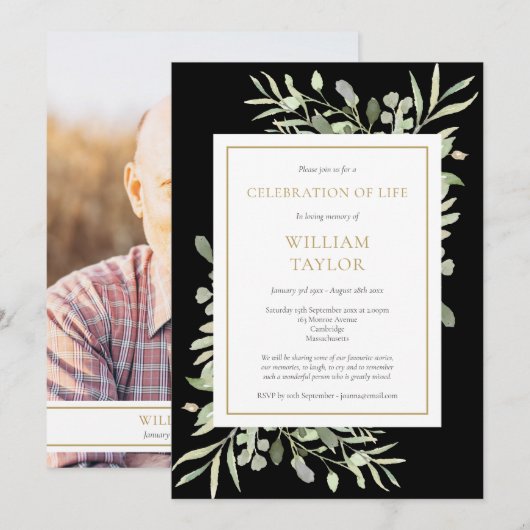 Zwarte groene viering van het leven foto rouwfoto  kaart (Voorkant / Achterkant)