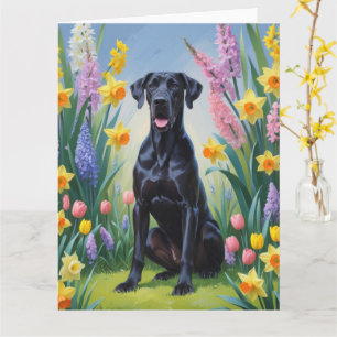 Zwarte Grote Dane hond lente bloemen schilderij Kaart