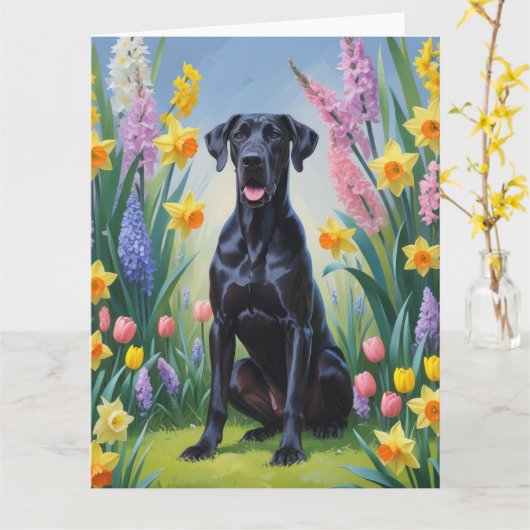 Zwarte Grote Dane hond lente bloemen schilderij Kaart (Gele Bloem)
