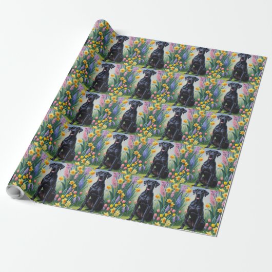 Zwarte Grote Deen Hond Spring Bloemen Schilderen Cadeaupapier (Uitgerold)
