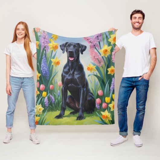 Zwarte Grote Deen Hond Spring Bloemen Schilderen Fleece Deken (In situ)