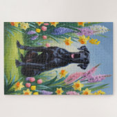 Zwarte Grote Deen Hond Spring Bloemen Schilderen Legpuzzel (Horizontaal)