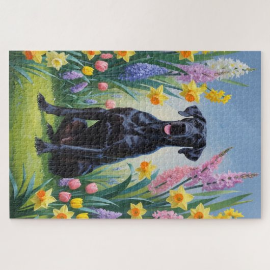 Zwarte Grote Deen Hond Spring Bloemen Schilderen Legpuzzel (Horizontaal)