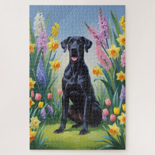 Zwarte Grote Deen Hond Spring Bloemen Schilderen Legpuzzel (Verticaal)