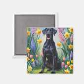 Zwarte Grote Deen Hond Spring Bloemen Schilderen Magneet (Voorkant / Achterkant)