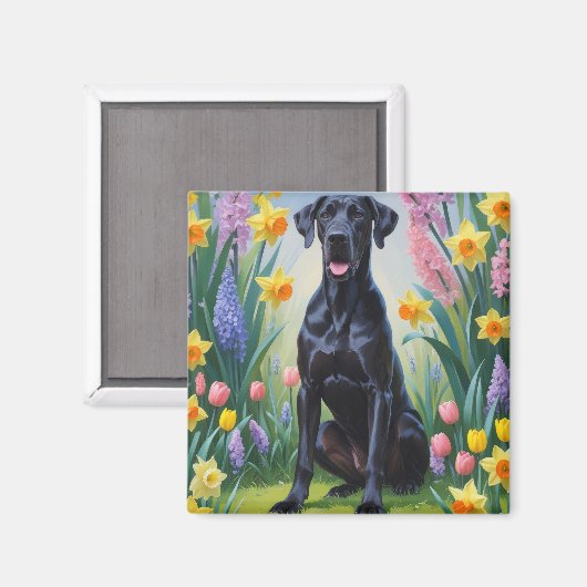 Zwarte Grote Deen Hond Spring Bloemen Schilderen Magneet (Voorkant / Achterkant)