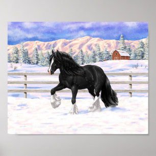 Zwarte Gypsy Vanner Ierse Cob Trekpaard In Sneeuw Poster