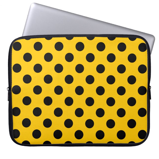 Zwarte haarpunten op geel laptop sleeve (Voorkant)