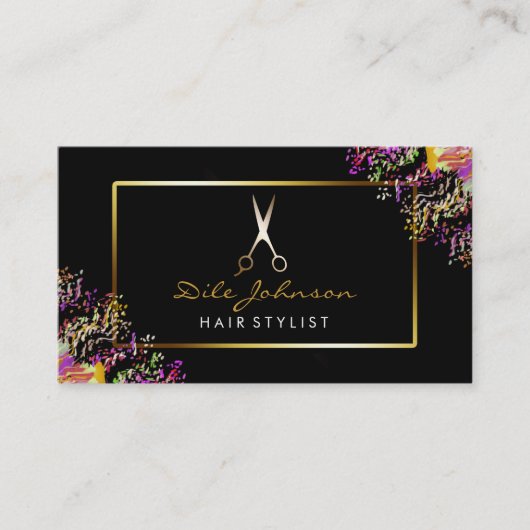 Zwarte Haarstylist Gold Glitter Saloon Waterverf Visitekaartje (Voorkant)