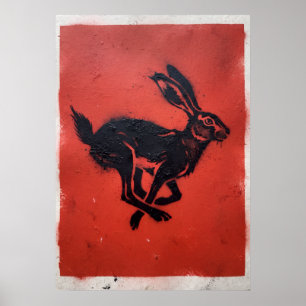 Zwarte haas rode linoleumsnede volkskunst poster