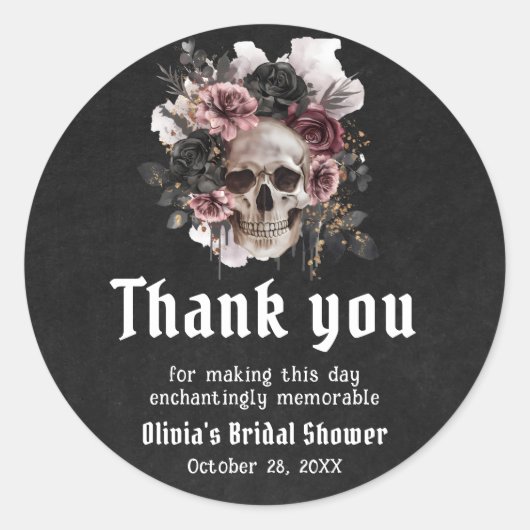 Zwarte Halloween Bloemenschedel Bruidsdouche Ronde Sticker (Voorkant)