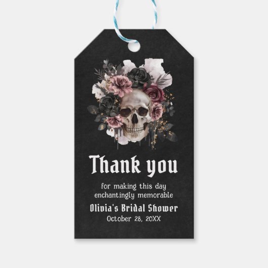 Zwarte Halloween bloemrijke Schedel Gotische Bruid Cadeaulabel (Voorkant)