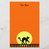 Zwarte Halloween Cat op Fence Yellow Moon Sinaasap Briefpapier (Voorkant)