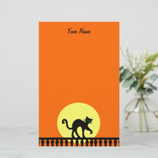 Zwarte Halloween Cat op Fence Yellow Moon Sinaasap Briefpapier (Staand voorkant)