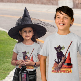zwarte Halloween Cat Witch Pet Broom Kinderen T-shirt