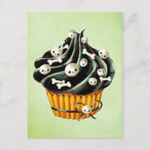 Zwarte Halloween Cupcake met kleine schedels Briefkaart