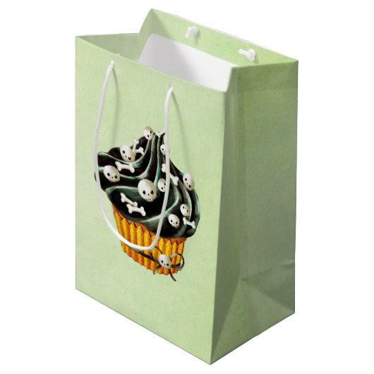 Zwarte Halloween Cupcake met kleine schedels Medium Cadeauzakje (Voorkant Gekanteld)