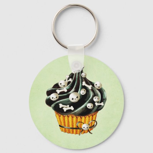 Zwarte Halloween Cupcake met kleine schedels Sleutelhanger (Voorkant)