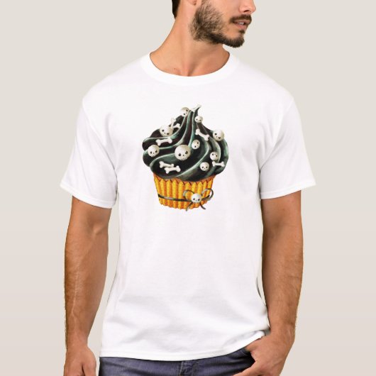 Zwarte Halloween Cupcake met kleine schedels T-shirt (Voorkant)