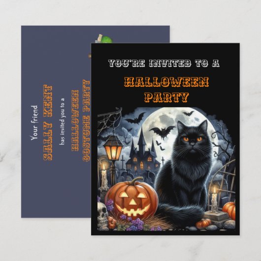 Zwarte Halloween-feestuitnodiging voor kinderen  (Voorkant / Achterkant)