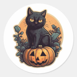 Zwarte Halloween kat en pompoen Ronde Sticker