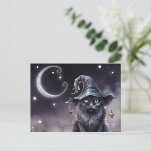 Zwarte Halloween kat met een heks Pet Briefkaart (Staand voorkant)