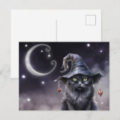 Zwarte Halloween kat met een heks Pet Briefkaart (Voorkant / Achterkant)